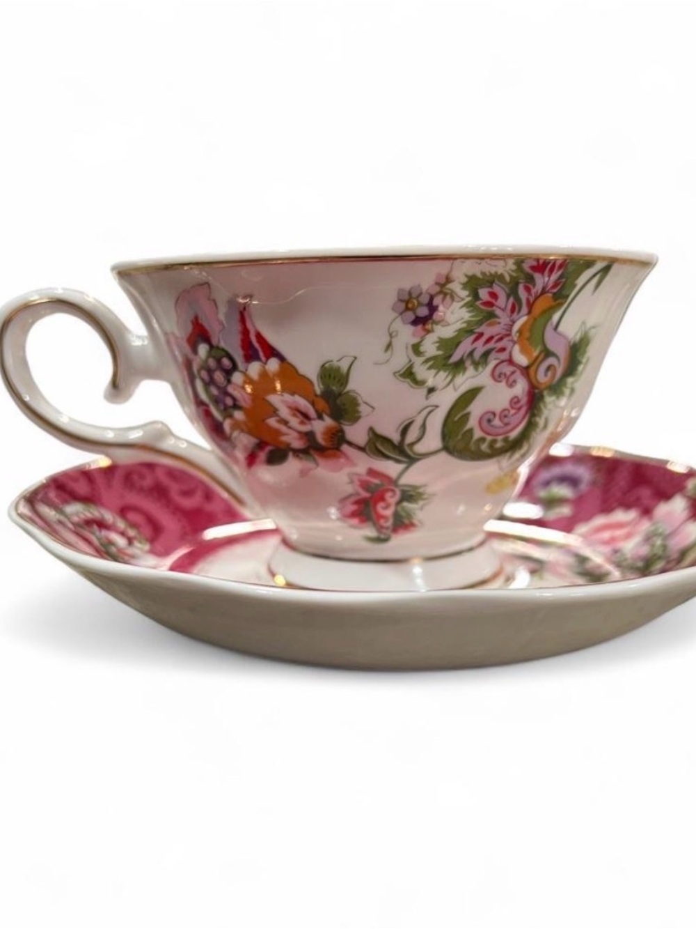 Pink Floral China Teacup and Saucer Set